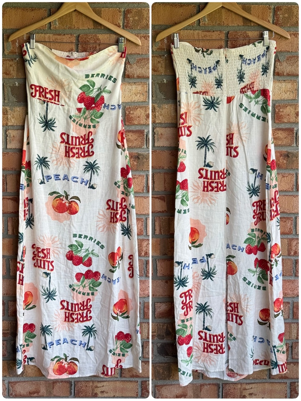 NWT Paper Heart Strapless Linen Blend Maxi Dress Tropical Fruit Palm Tree Print